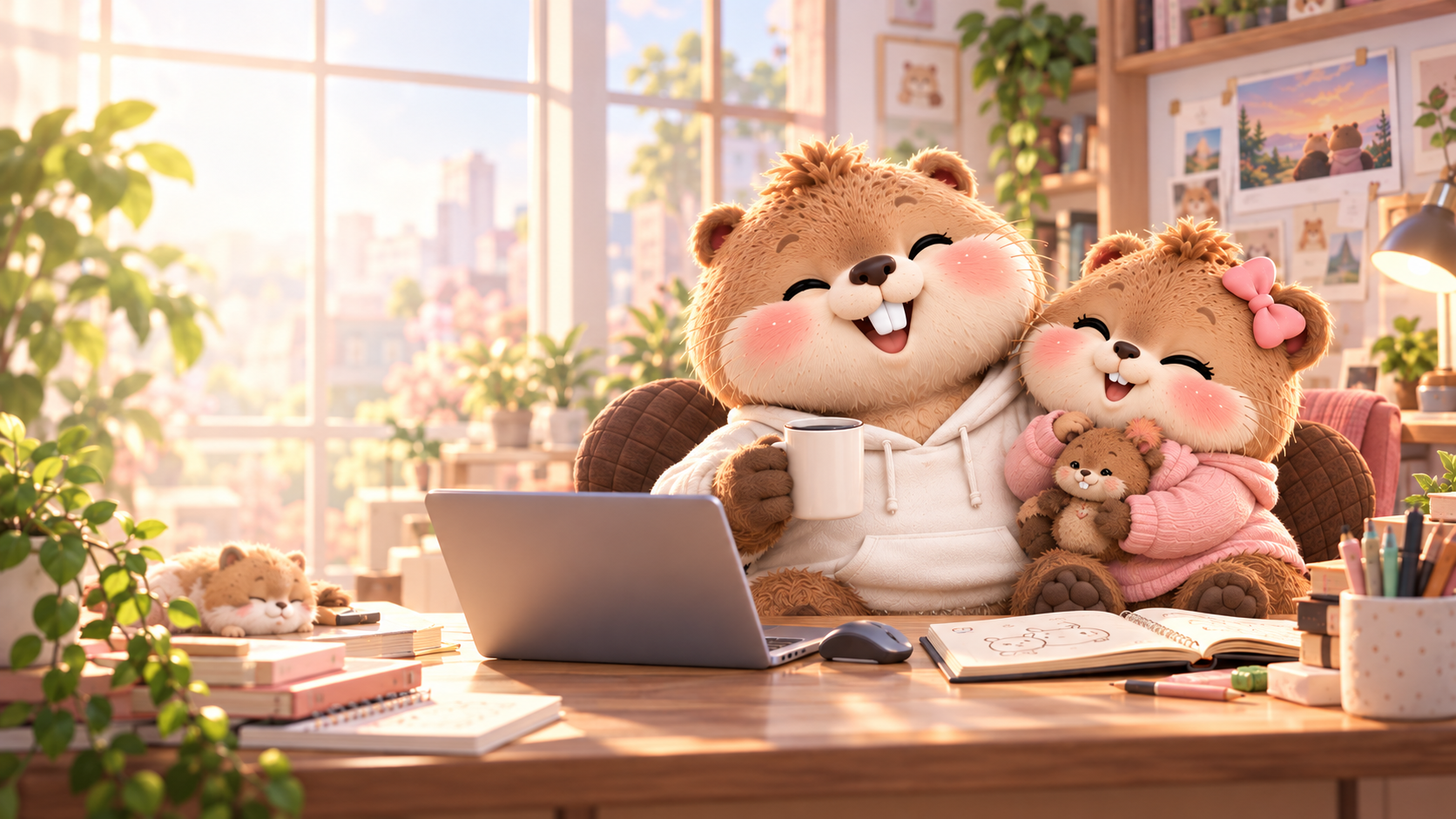 Mochi และ Momo นั่งทำงานด้วยกันในห้องแสนอบอุ่น